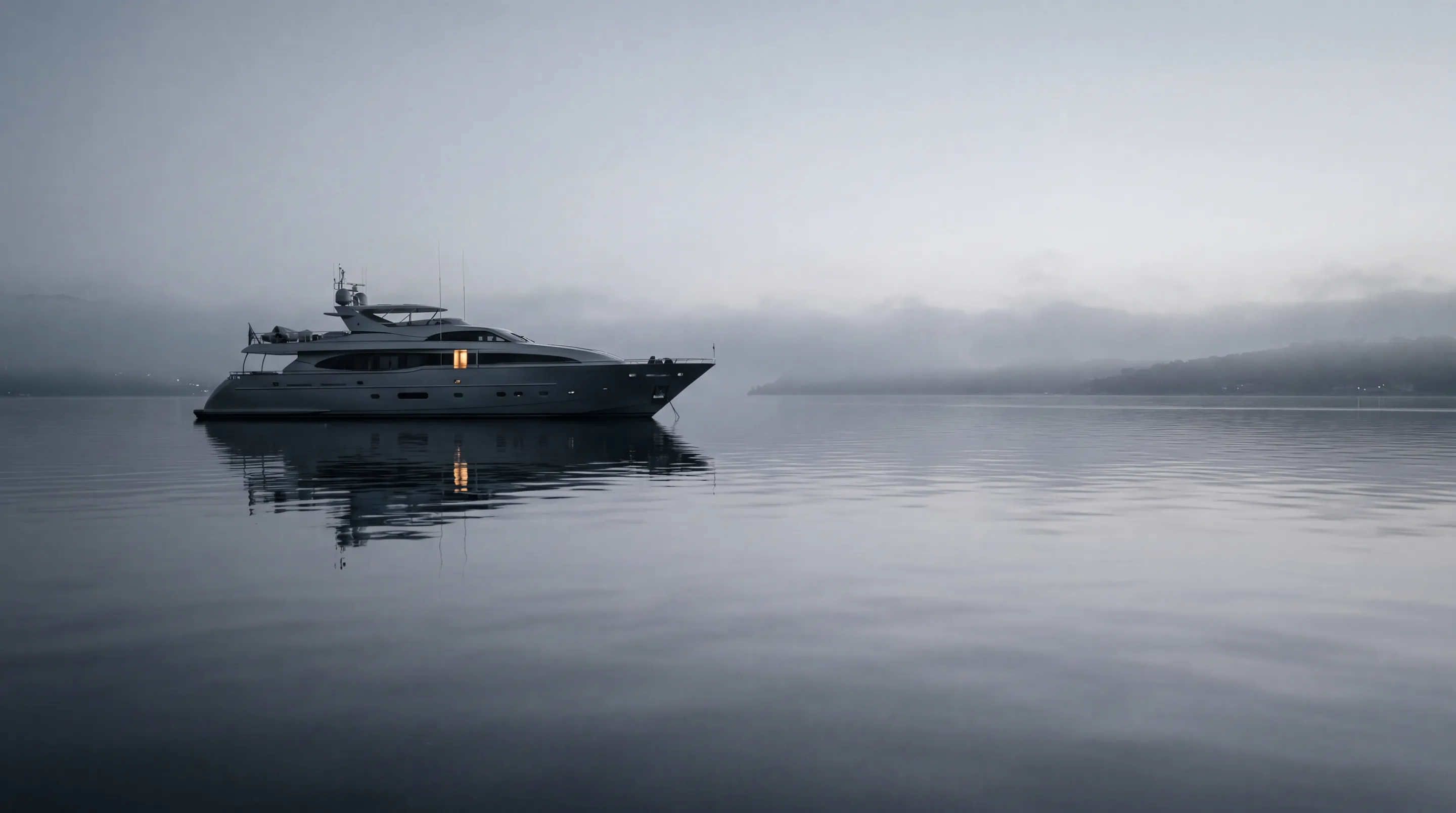 A yacht at anchor on glassy water at dawn